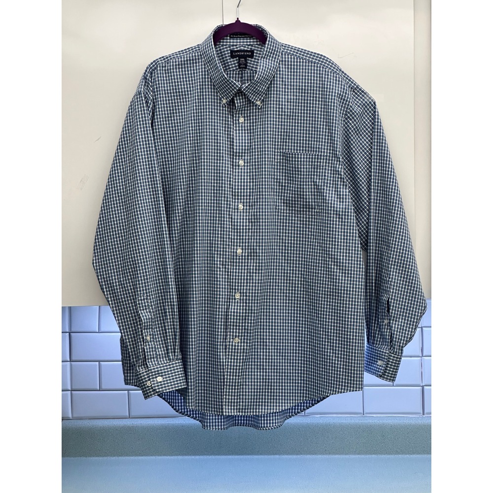 Lands End Mens XXL Blue Gingham 100% Supima Cotton Pinpoint Oxford Button Shirt